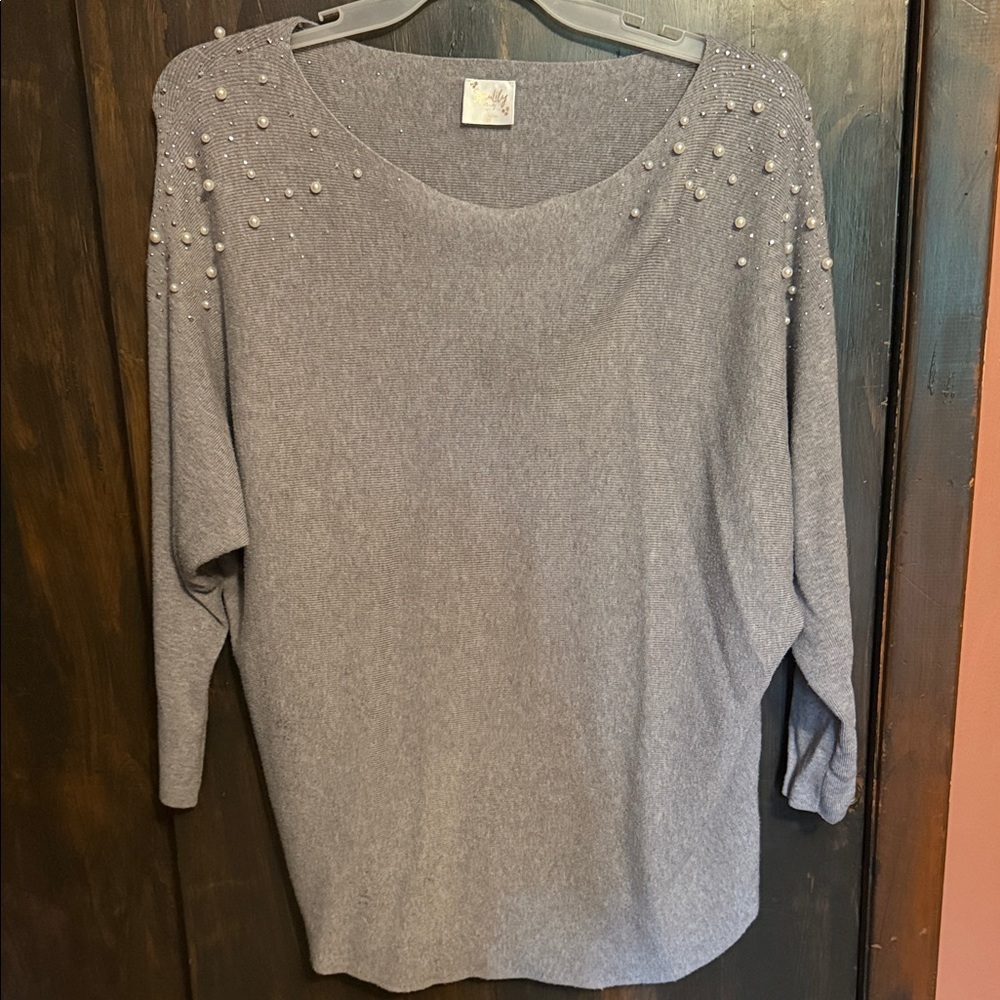 Siren Lily Gray Pearl-Embellished Sweater